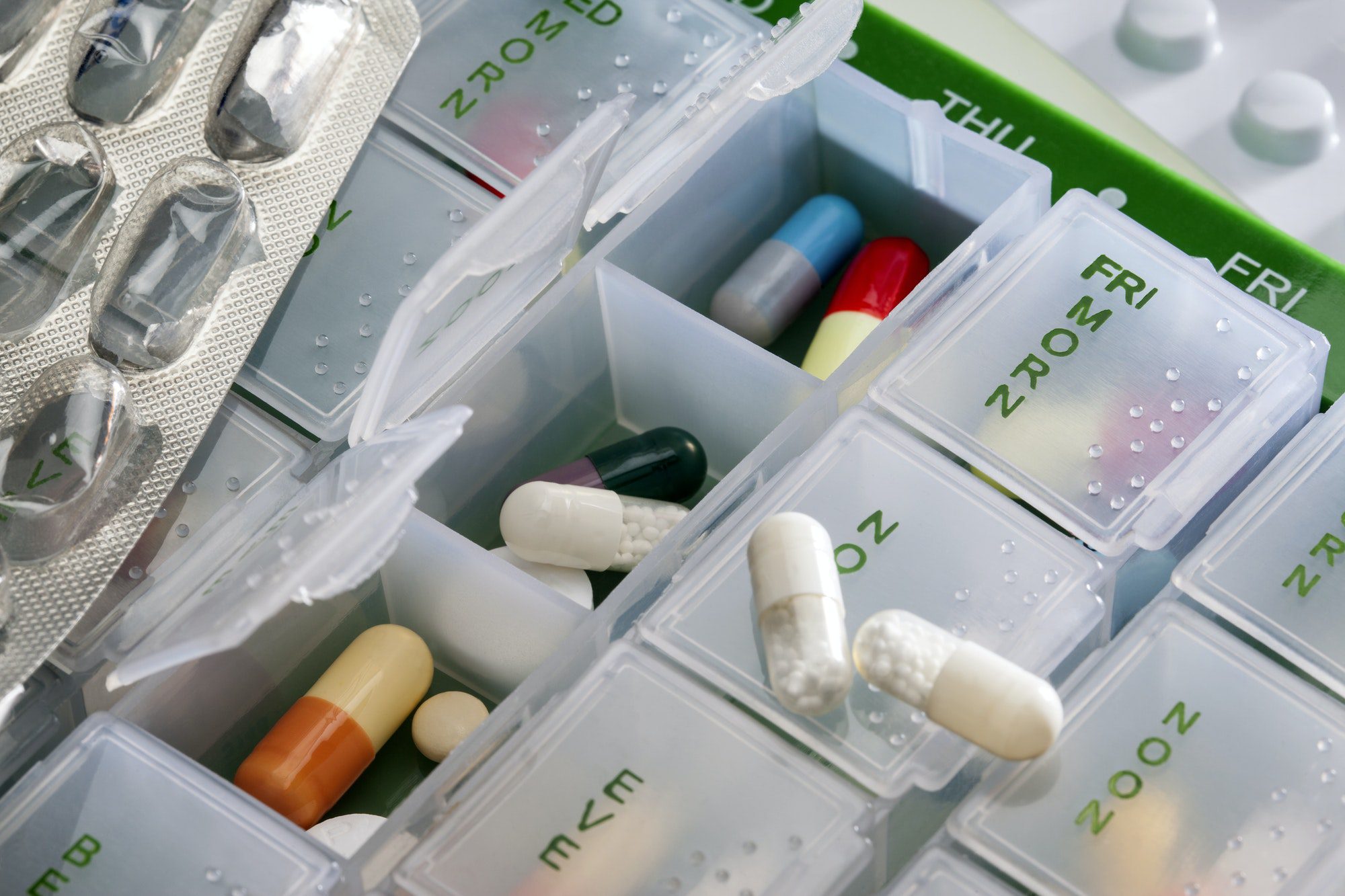 Prescription drugs covered under the Medicar Part D plan in a plastic case.