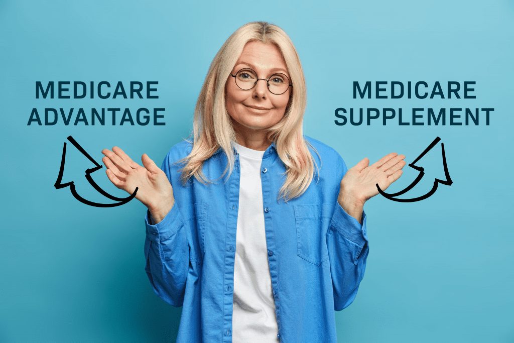Senior woman looking at differences in Medicare Advantage and medicare supplements.